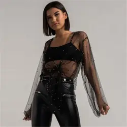 Украшенные жемчугом Для женщин Сексуальная See Through Mesh Топ с длинным рукавом Sheer Обрезанные Блузка женская летняя повседневная одежда Блузка