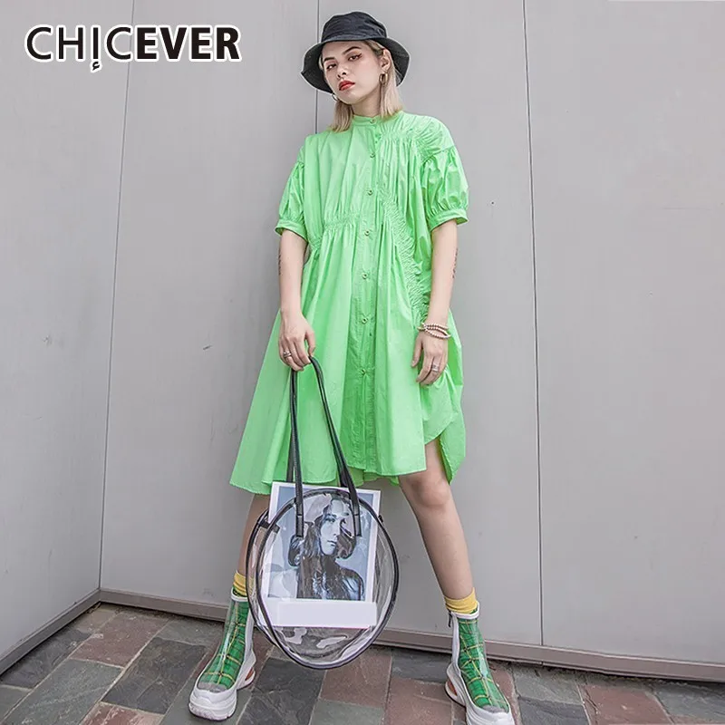 CHICEVER/летнее повседневное однотонное ДРАПИРОВАННОЕ женское платье с круглым