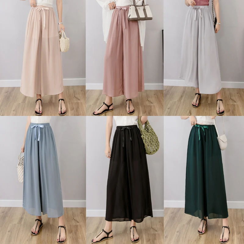 

Summer Pant for Women Wide Leg Pant Chiffon Female Thin Loose High Waist All Match Pants Plus Size Solid Color Ladies Trousers