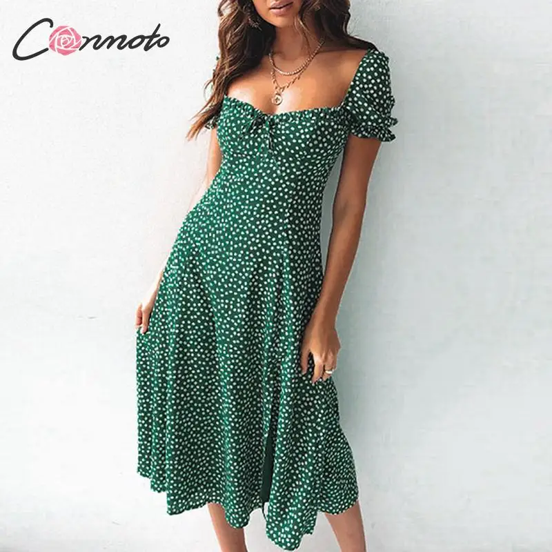 Kopen Conmoto Zomer Vintage Party Dress Vierkante Kraag Ruches Elegante Sexy Jurk Strand Vrouwelijke Groene Mid Jurken Vestidos