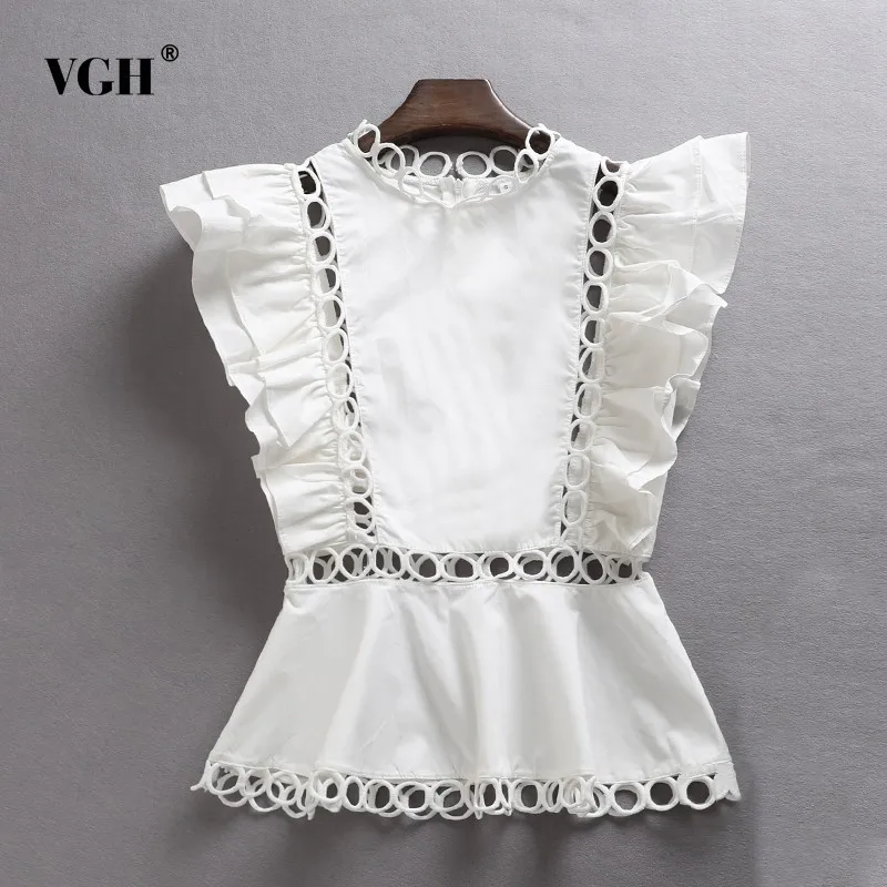 VGH الجوف خارج الصلبة قميص للنساء يا الرقبة أكمام كشكش فضفاض سستة 2019 الصيف الملابس أعلى الإناث الأزياء جديد الكورية