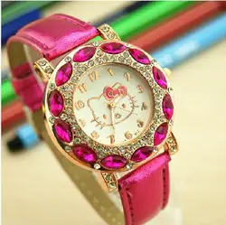 Лидер продаж прекрасный рисунок «Hello Kitty» детей часы для девочек женские модные Кристаллы платье кварцевые Дети часы детские часы