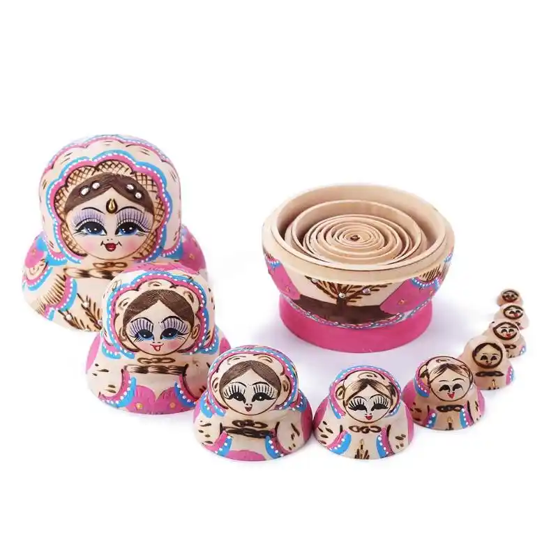 10 Wooden Russian Nesting Babushka Matryoshka Girl Dolls Set Hand Painted