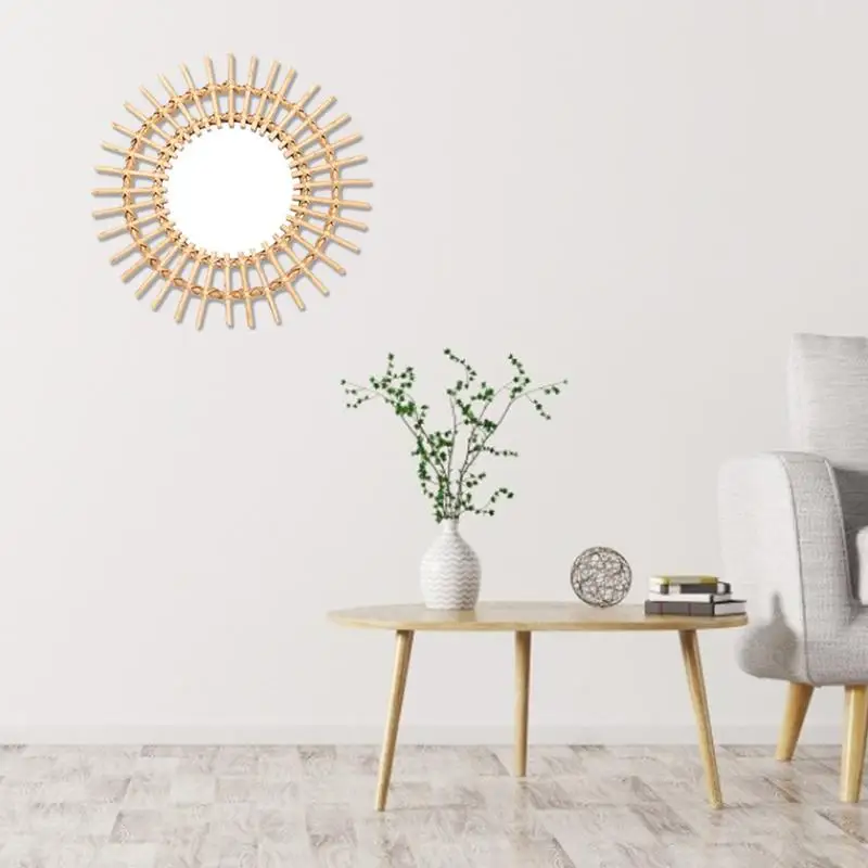 Espejo colgante de pared de baño con espejo de maquillaje redondo decorativo de ratán innovador Espejo colgante de pared de baño con espejo de maquillaje redondo decorativo de ratán innovador