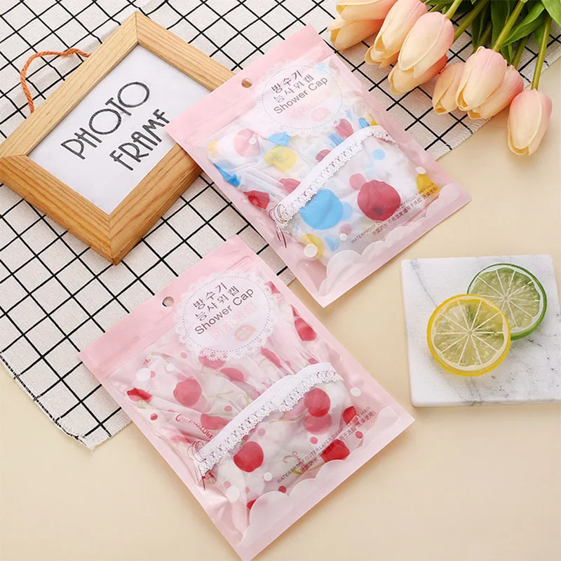 

women Bathing Cap Double Layer Elastic Translucent print shower hat Waterproof Random Color Plastic Bathroom Accessories 1Pcs