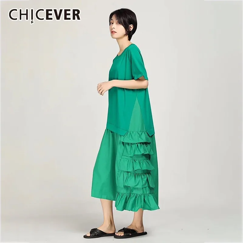 

CHICEVER Summer Casual Solid Ruffles Hem Women Dress O Neck Short Sleeve Loose Plus Size A-line Mid Calf Female Dresses 2019 New