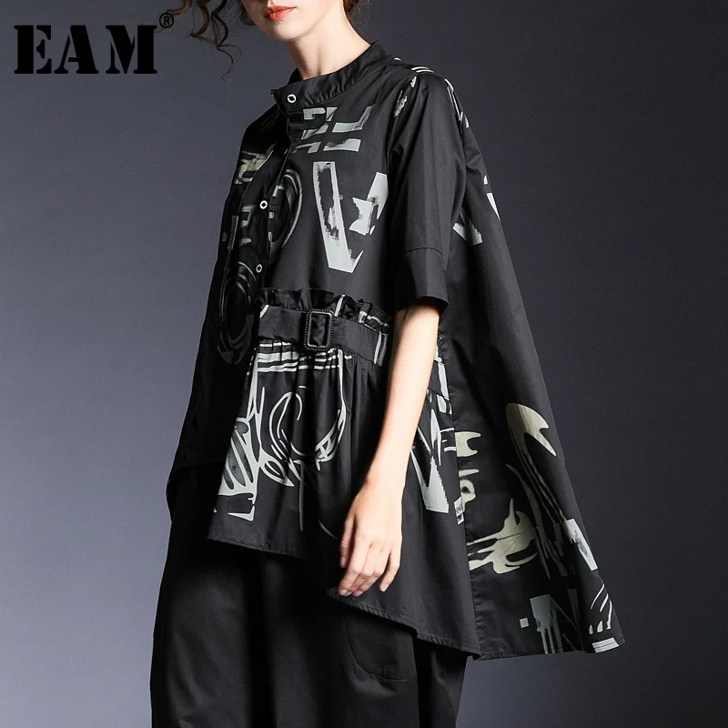 

[EAM] 2019 New Spring Summer Round Neck Short Sleeve Pattern Printed Irregular Hem Big Size Shirt Women Blouse Fashion JR979