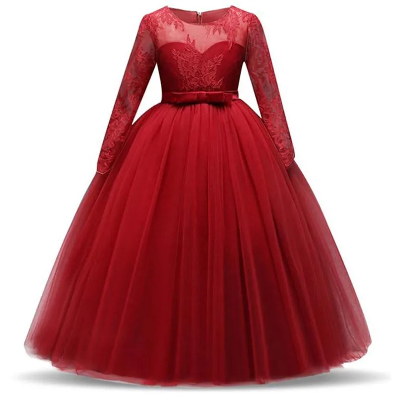 Elegant Princess Lace Dress Kids Flower Embroidery Dresses For Girls Vintage Children Dresses For Christmas Party Red  Ball Gown
