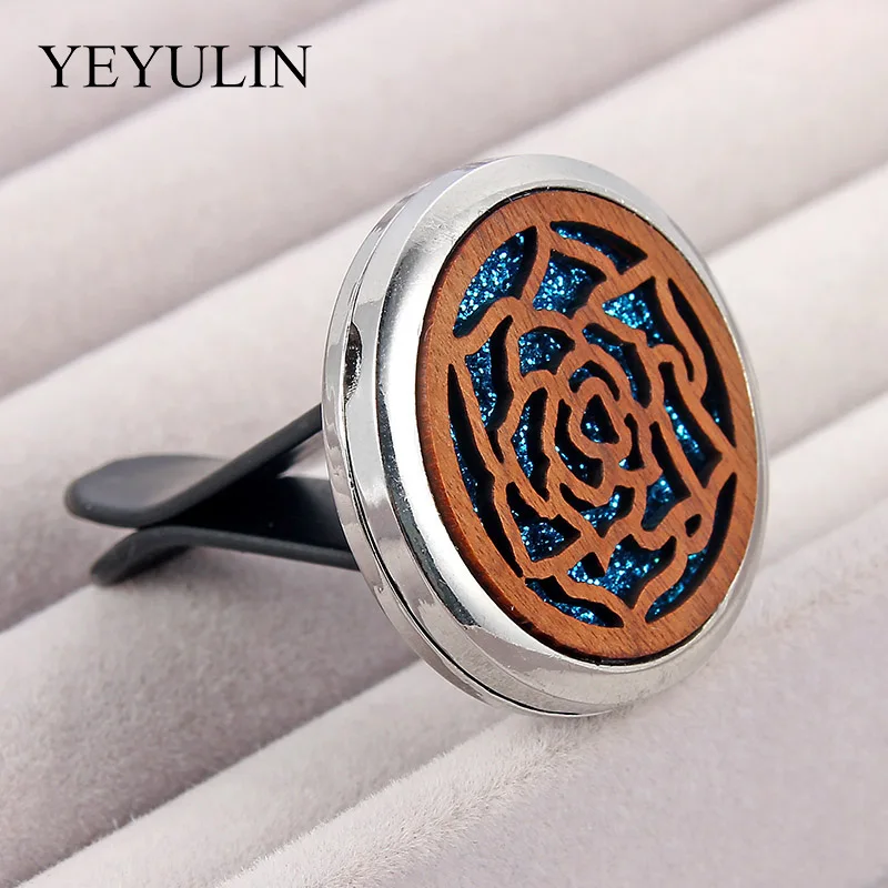 

Essential Oil Car Diffuser Crown Yoga OM Pattern Wood Stainless Steel Aromatherapy Locket Vent Clips Magnetial With Pad