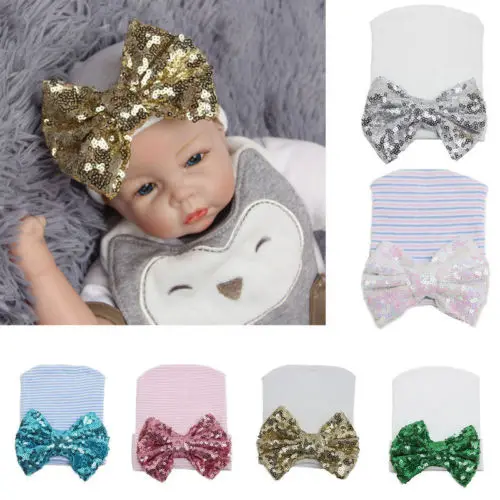 Fashion Newborn Baby Girl Infant Kid Spring And Autumn Sequin Bowknot Beanie Hat Knit Warm soft Comfortable Hospital Cap | Детская
