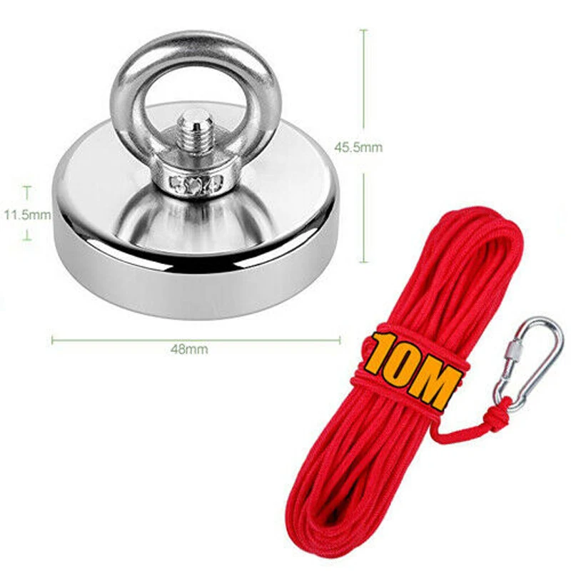 

65KG 48mm Pull Strong Recovery Magnets with Ring Powerful Magnet Neodymium + 10M Rope Treasure Hunting Underwater Fishing Aimant