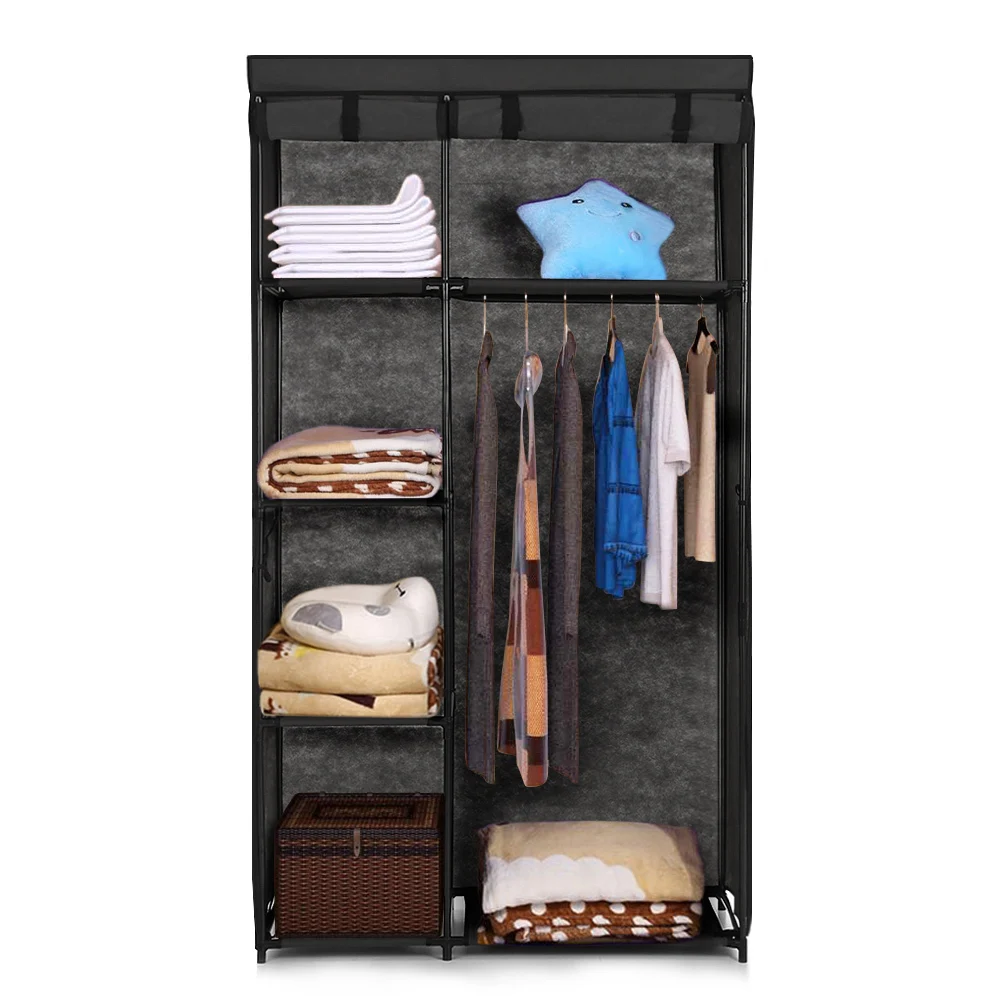 

Fabric Closet Wardrobe Cabinet Roll Up Clothing Storage Organizer Clothes Hanger Rack with 5 Shelves 1 Hanging Rod