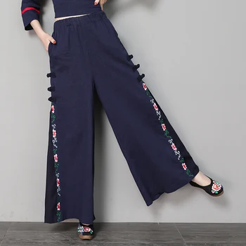 

Spring Summer Women Vintage Cotton Linen Wide Leg Pant Elastic Waist Loose Casual Floral Embroidery Pants Female Trousers