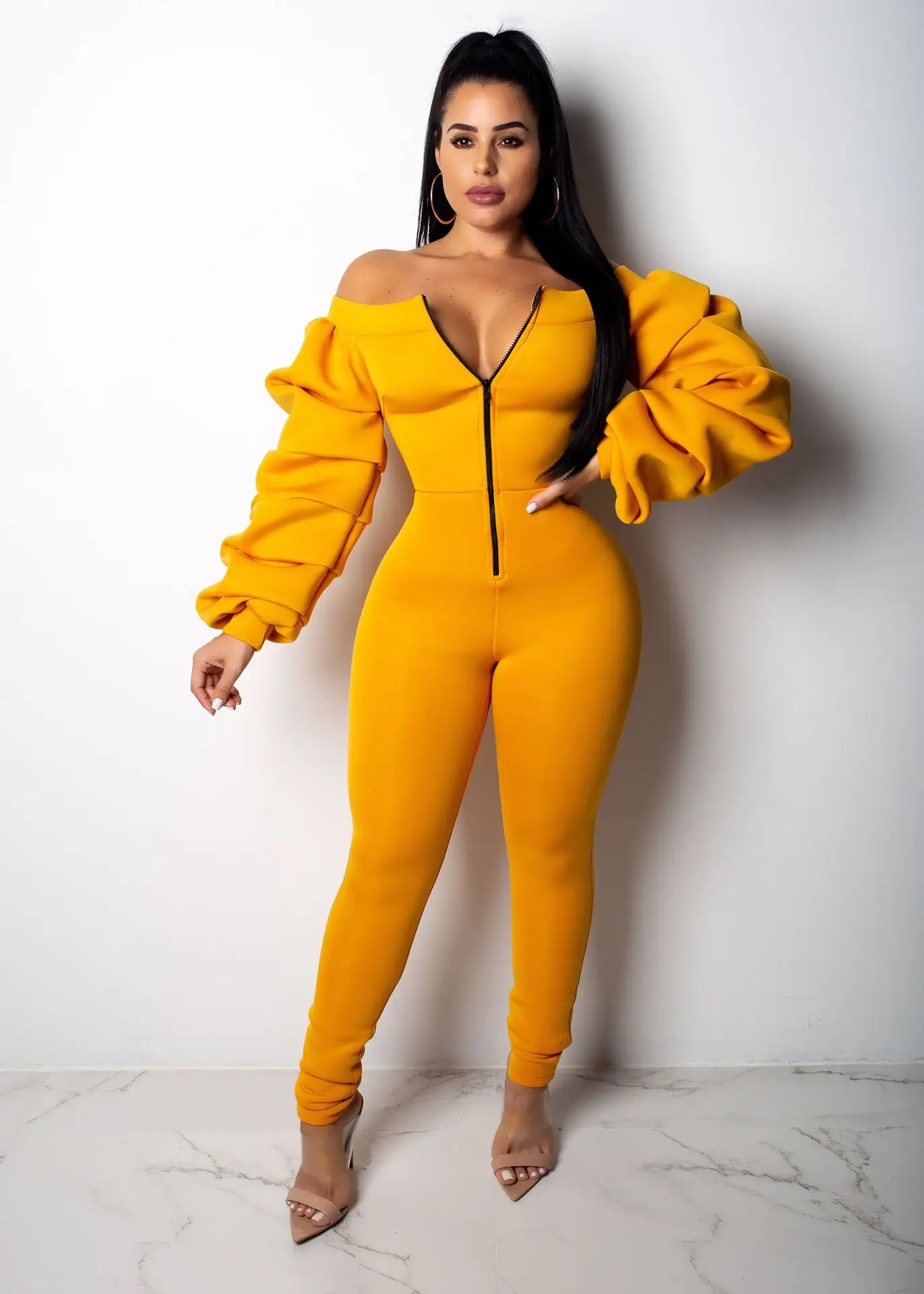 

Yellow Overalls winter autumn Rompers Womens Jumpsuit Off Shoulder Combishort Long Sleeve Black Blue Mono Mujer 2019 Kombinezony