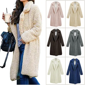 Long Coats Fleece Jackets Winter Warm Teddy Coat Cardigan Office Lady Sexy Women Wool Blends Full Tops Overcoats Plus Size