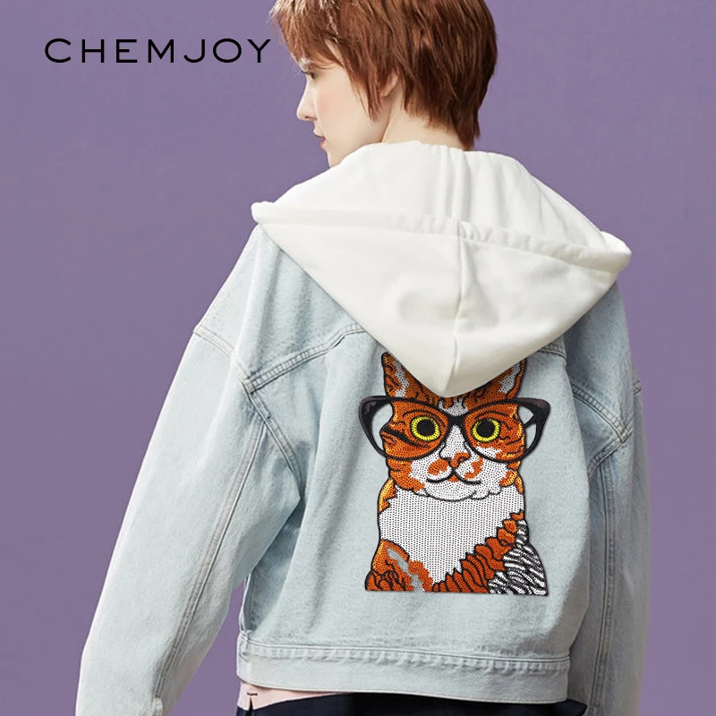 

Sequins Anime Patches Sew on Applique Nerd Cat Large Iron on Patch for Clothing Bags DIY Apparel Clothes Sticker Aniaml Parches