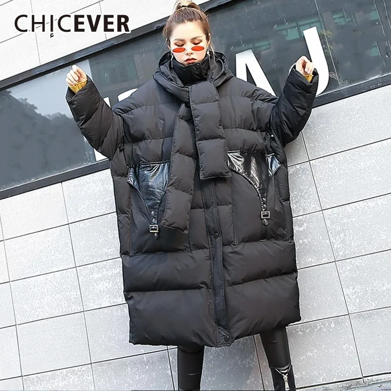 CHICEVER 2018 Winter Women's Down Jackets Detachable Hooded Long Sleeve Patchwork Leather Thick Coat Female Fashion Tide | Женская