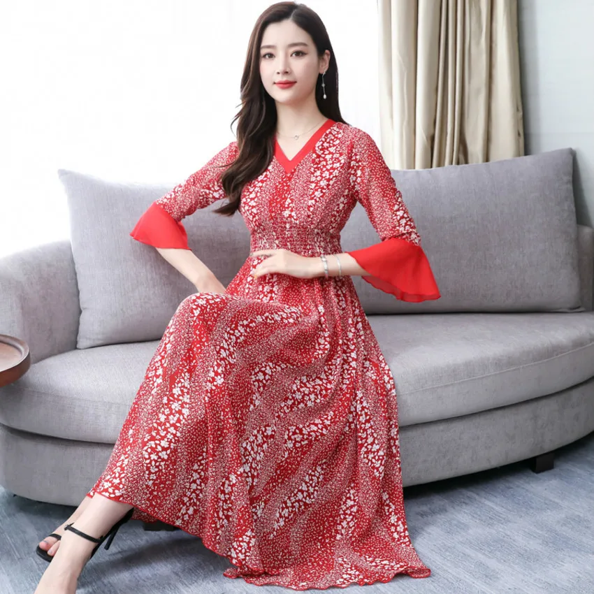 

Summer Chiffon Dress 2019 Boho Style Beach Dress Fashion Half Sleeve V-neck Floral Print A-line Party Dress Sundress Vestidos