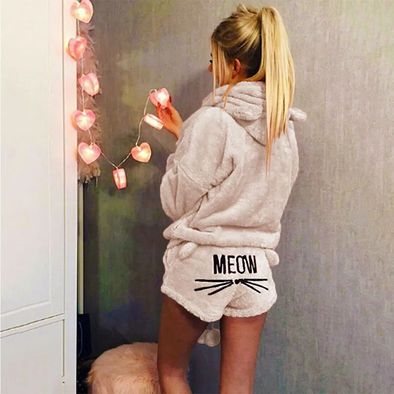 

Women Fashion Solid Color Pajamas Set Cute Cat Two Piece Pajamas Hoodie Sleepwear Set Women Cute Solid Color Warm Winter Set