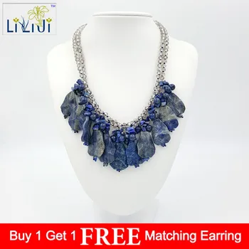 

Natural Stone Blue Lapis lazuli &Grey Crystal glass Jades Toggle Clasp Necklace Approx 50cm/20inches