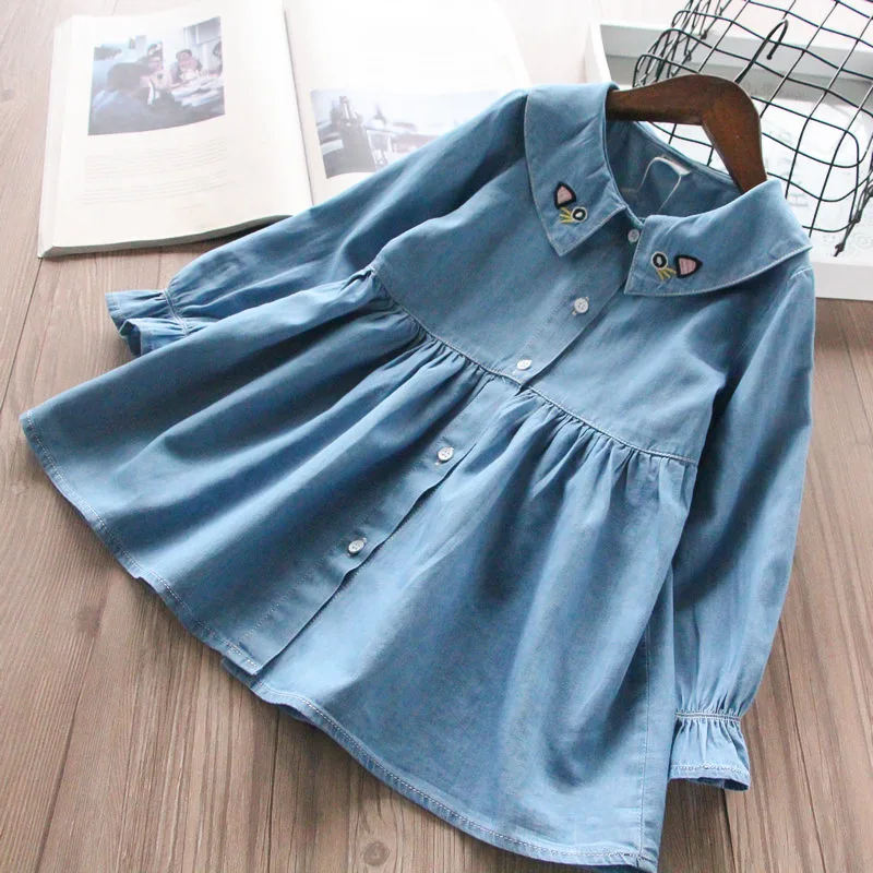 

Toddler Girl Cotton Denim Dress Long Sleeve Wholesale Kids Spring Summer Clothes Little Girl Cartoon Cat A-line Casual Dress