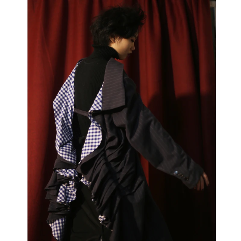 2019 Mode Vêtement De Printemps Manches Pleine Collar Pour Rayé Femme Grey Veste Unique Nu Dos Turn Dark Deat Wd71602l Costume Ruches Nouveau down dIxFXdA