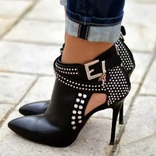

Dipsloot Woman Rhinestone Pointed Toe Cut-outs Gladiator Sandals Boots Lady Thin High Heels Ankle Strap Shoes Woman Ankle Boots