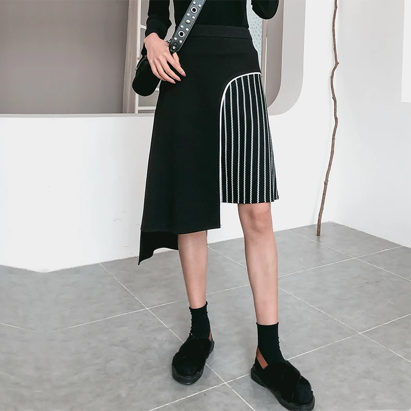 

[EWQ] New Pattern Of 2019 Spring Summer Asymmetrical Patchwork Striped High Waist Streetwear Skrit Women Fashion Tide AD99601