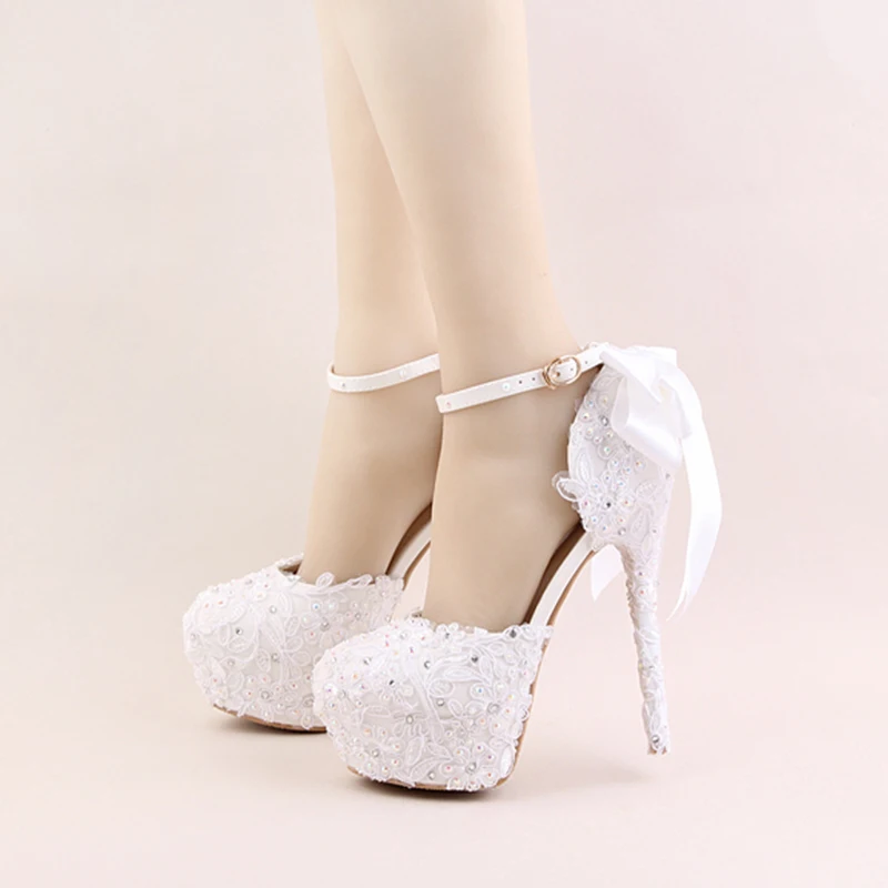 

2018 White Lace Flower High Heel Shoes Round Toe Bridal Dress Shoes AB Rhinestone Ankle Straps Beautiful Wedding Party Sandals