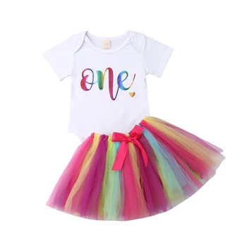 

Newborn Baby Girls 1st Birthday Outfit Short Sleeve Cotton Romper + Rainbow Bowknot Tutu Tulle Lace Skirt 2PCS Clothing Set