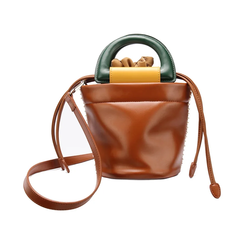 

Cute Hit Color Bucket Bags Wome Girls Korean Top-handle Hand Bags Patchwork Small Messenger Bags Fashion Drawstring Shoulder Bag