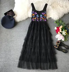 2019 летнее платье с красивой цветочной вышивкой женское платье без рукавов нарядное платье на бретелях многослойное газовое милое женское