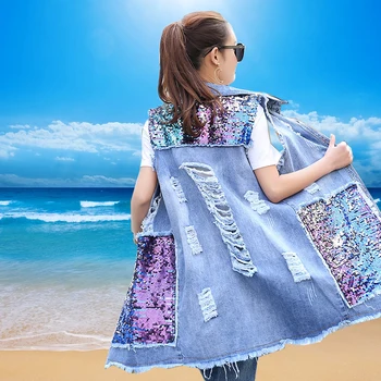 

2019 Spring Big Plus Size 3XL Hole Sequined Long Denim Tank Jacket Summer Fashion Outwear Jeans Coat Sleeveless Cardigan A9157