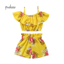 Pudcoco/ бренд; комплект из 2 предметов для маленьких девочек; детский топ на бретельках с цветочным рисунком+ шорты; летняя одежда