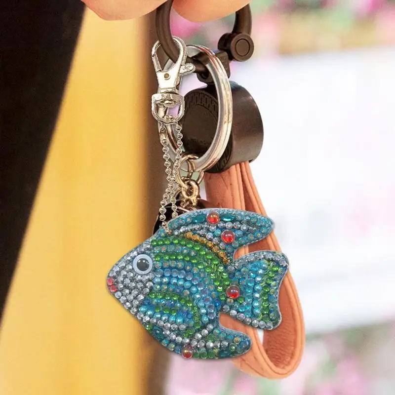 

5/6pcs DIY Cartoon Fish Diamond Painting Keyring Cross Stitch Keychain Decor bag car decor