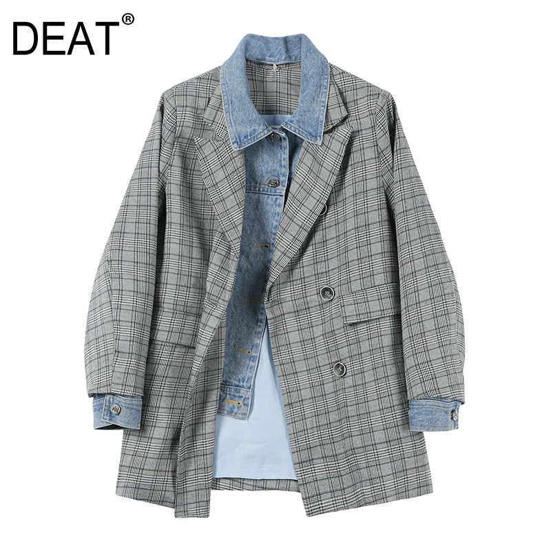 

[DEAT] 2019 New Autumn Winter Lapel Long Sleeve Gray Hit Color Denim Plaid Printed Loose Jacket Women Coat Fashion Tide JS10