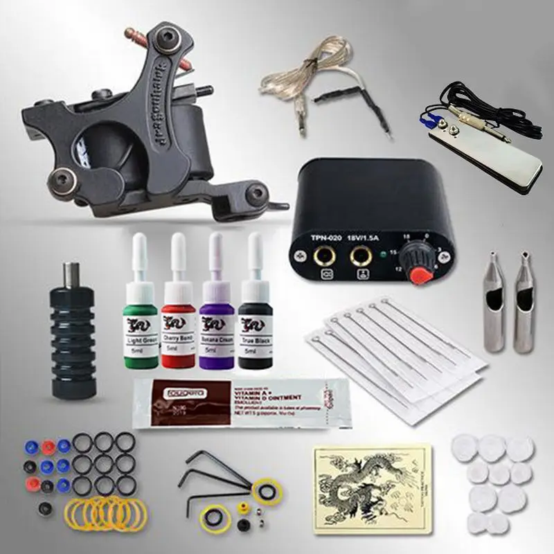 

Complete Tattoo Kits Single Coils Machine Set 4 Colors Tattoo Ink With Power Supply DIY Craft Kit Permanent Makeup Body Art
