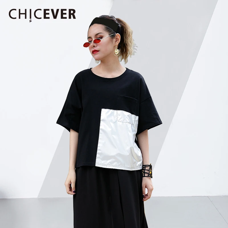 

CHICEVER Summer Patchwork Short Female T Shirts For Women Top Half Sleeve O neck Hit Colors Women's T shirt Tops 2019 Fashion