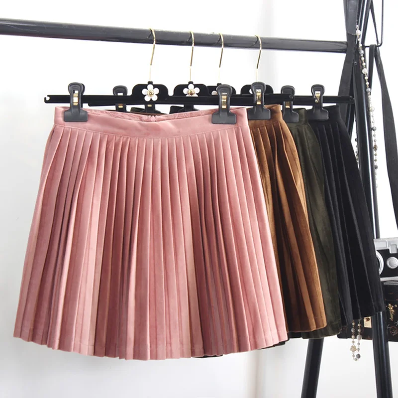 Женская драпированная мини-юбка, Весенняя Корейская женская однотонная Золотая Бархатная плиссированная юбка, Офисная Женская тонкая трапециевидная юбка выше колена с высокой талией