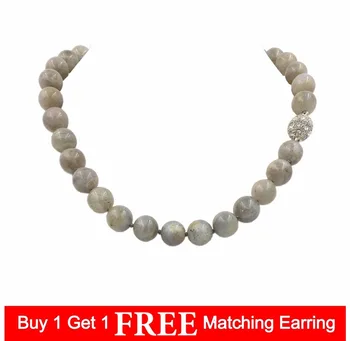 

LiiJi Unique Natural Stone Gray Labradorite 12mm Round Beads Magnet Clasp Necklace 18'' Fashion stone necklace