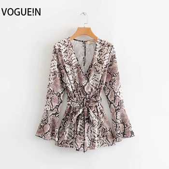

VOGUEIN New Womens V-Neck Snake Pattern Print Long Sleeve With Belt Jumpsuit Playsuits Wholesale