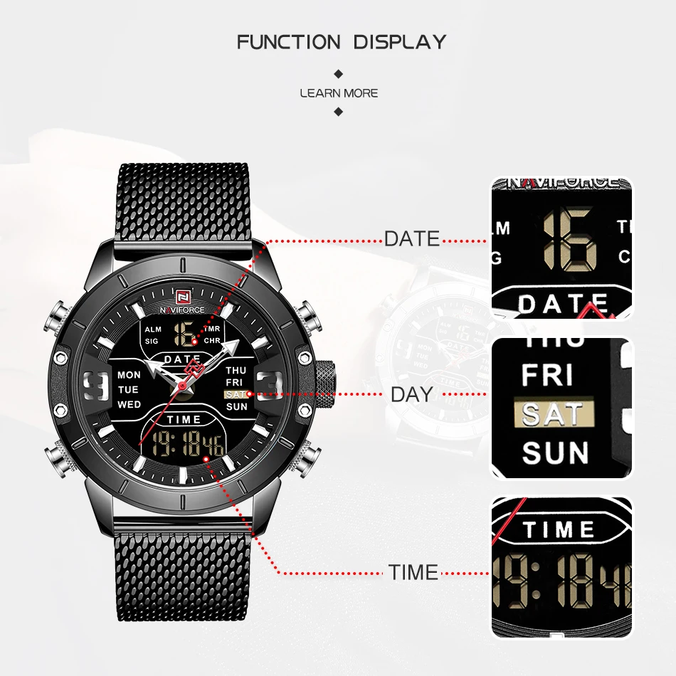 Mens watch top brand luxury NAVIFORCE 9153 stopwatch LED sport military waterproof steelstrap wrist