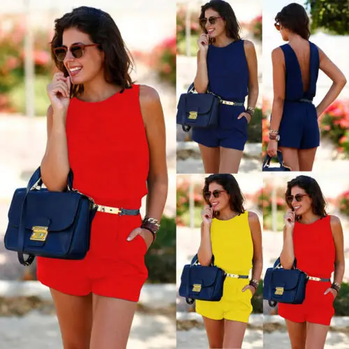 

Cool Women Summer Casual Romper Sleeveless Playsuit Ladies Jumpsuit Backless Sunsuit Solid High Waist Female Hot Romper