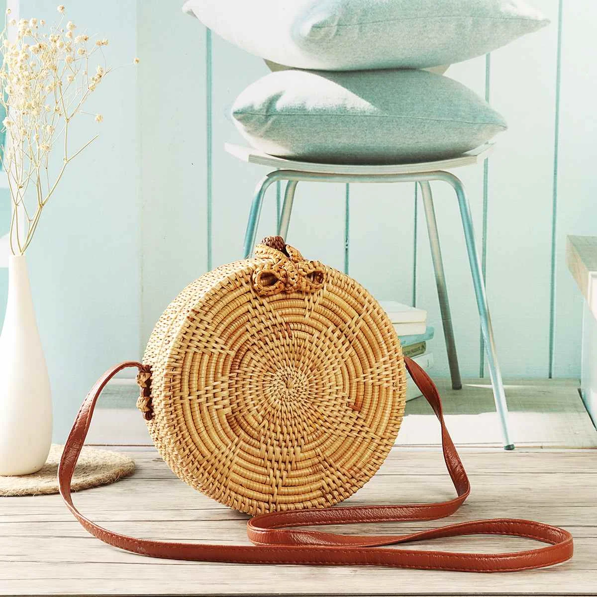 

Hand Woven Bag Round Rattan Straw Bags Bohemia Style Beach Circle Case Handmade