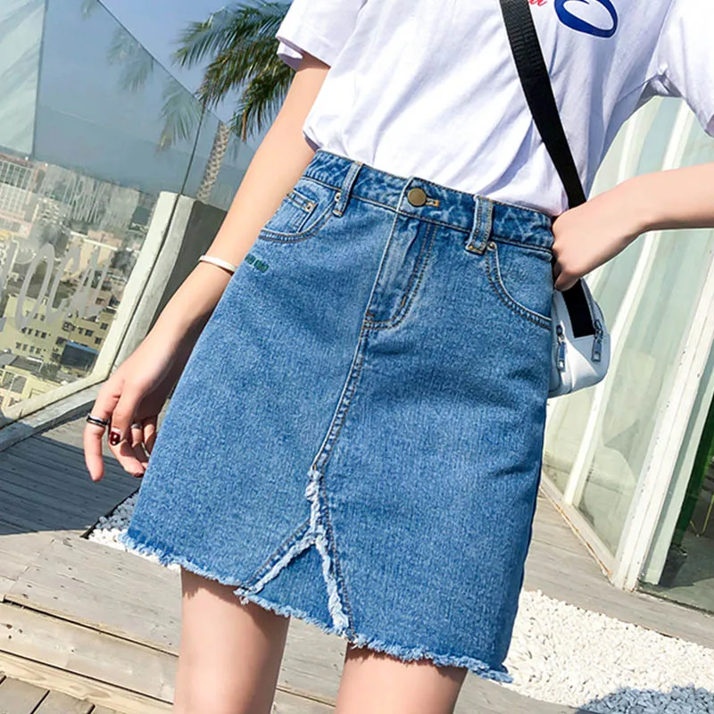 

Loyalget Women Summer Blue Skirt Tassel Solid Casual High Waist A-Line Denim Skirts High Street Pockets Button Mini Jeans Skirt