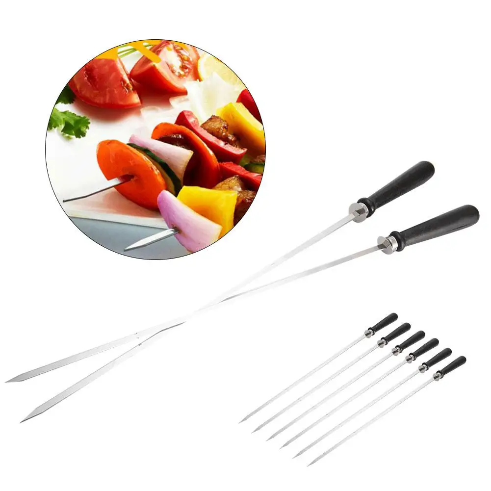 

6PCS Long Stainless Steel Outdoor BBQ Pork chop mutton Chicken Grill Wooden Handle Buckle Camping Barbecue Skewers