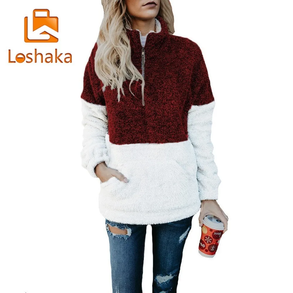 

Loshaka Utumn Winter Pullover Soft Fleece ColorBlock Sweater 1/4 Zipper Sweater Sherpa Knit Outwear Women Coat with Pockets