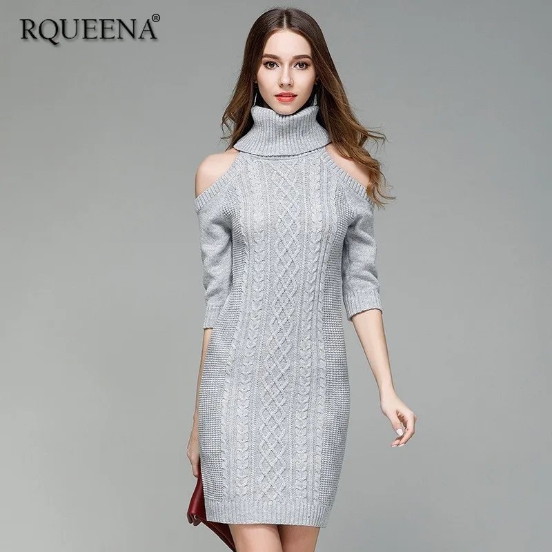 

Rqueena Casual Style Women's Dresses Off Shoulder Long Turtleneck Dresses Spring Autumn Woman Sexy Knitted Dress For Women KN010