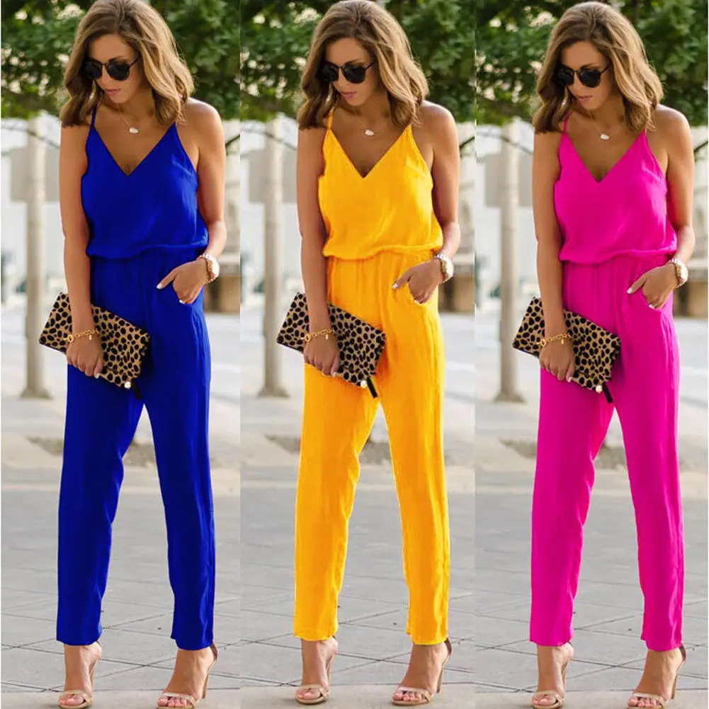 

Women Sleeveless Split Legs Bodycon Jumpsuit V-neck Romper Trousers Clubwear