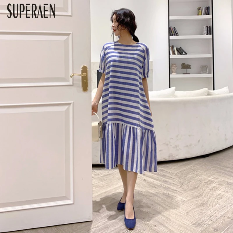 

SuperAen 2019 Summer New Short-sleeved Women Dress Cotton Fashion Casual Wild Dress Female Stripes Cotton and Linen Dresses